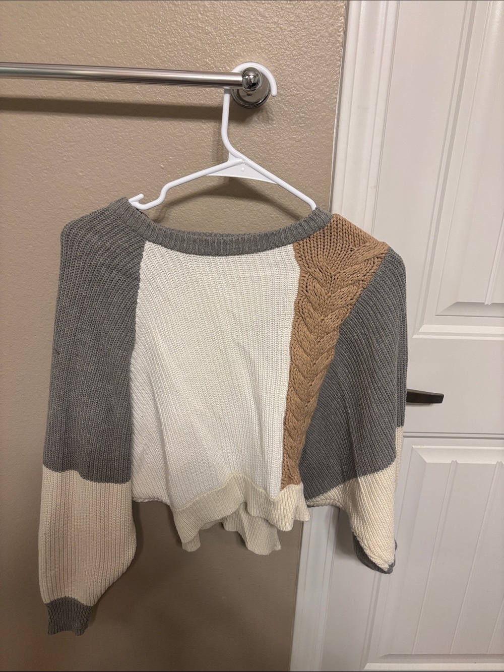 moon & madison Colorblock Cable-Trim Cropped Sweater - Gray, Cream & Tan